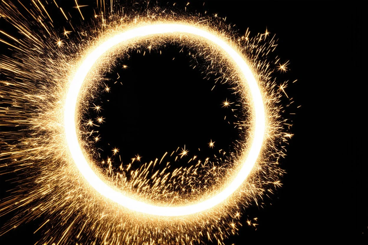 dark background. spinning circle of sparks (bottom and right)