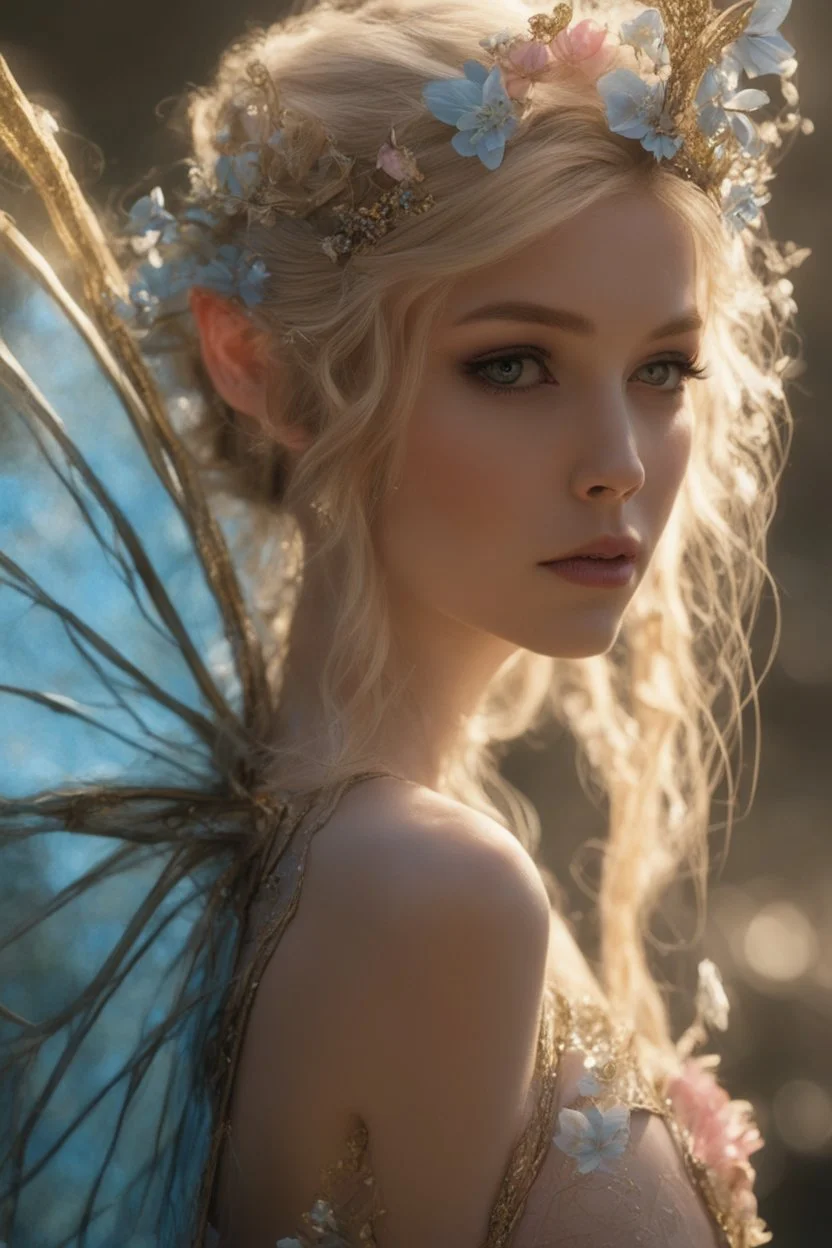 Pointed elven ears,Blonde hair ,Pink dress,Sparkling fairy wings,Very long golden hair,Fairy crown,pointed ears,elven ears,fairy wings,water lilies,sparkling,glittering,flowers,blossoms,golden crown,light pink dress