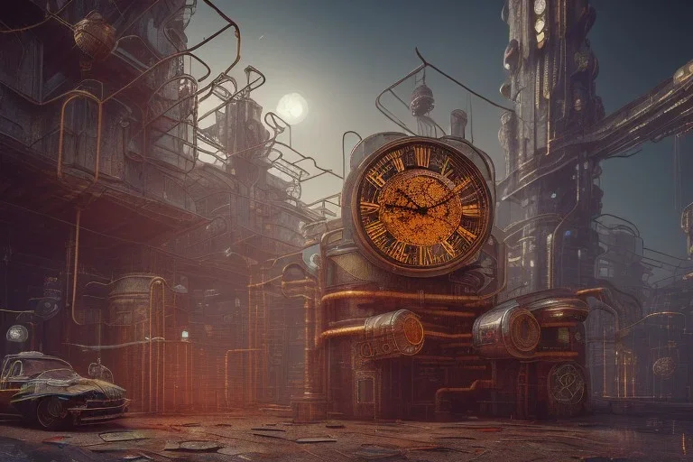 galactic, scaffolding, rusted clock, rusted cogwheel, cyberpunk, cinematic, cinema 4d render, high detail