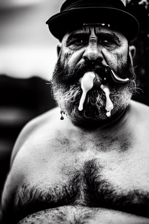 close up photography, dirty burly chubby Italian strong 48 years old homeless man, dripping milk from open mouth, dripping on the beard, with dirty tank top, emotional eyes, manly chest, photo, Canon EOS, lens 35mm, natural lights, 8K, in the morning