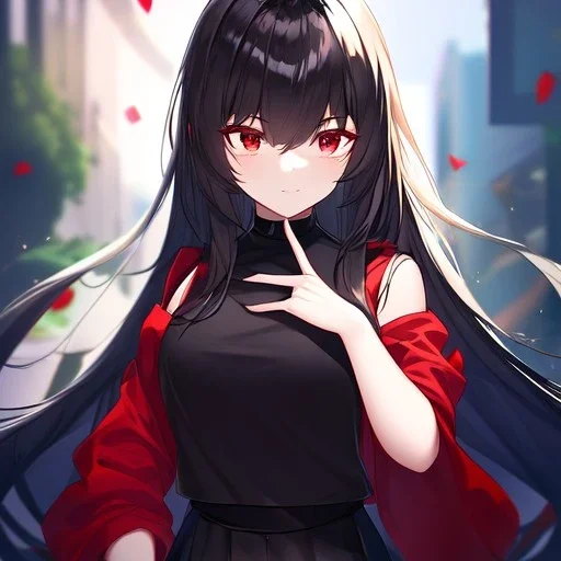 Clear focus,High resolution, black long hair, Vibrant red eyes, Emo style, Black skirt, wearing a black shirt sleeveless, Wearing black and red cutsleeves