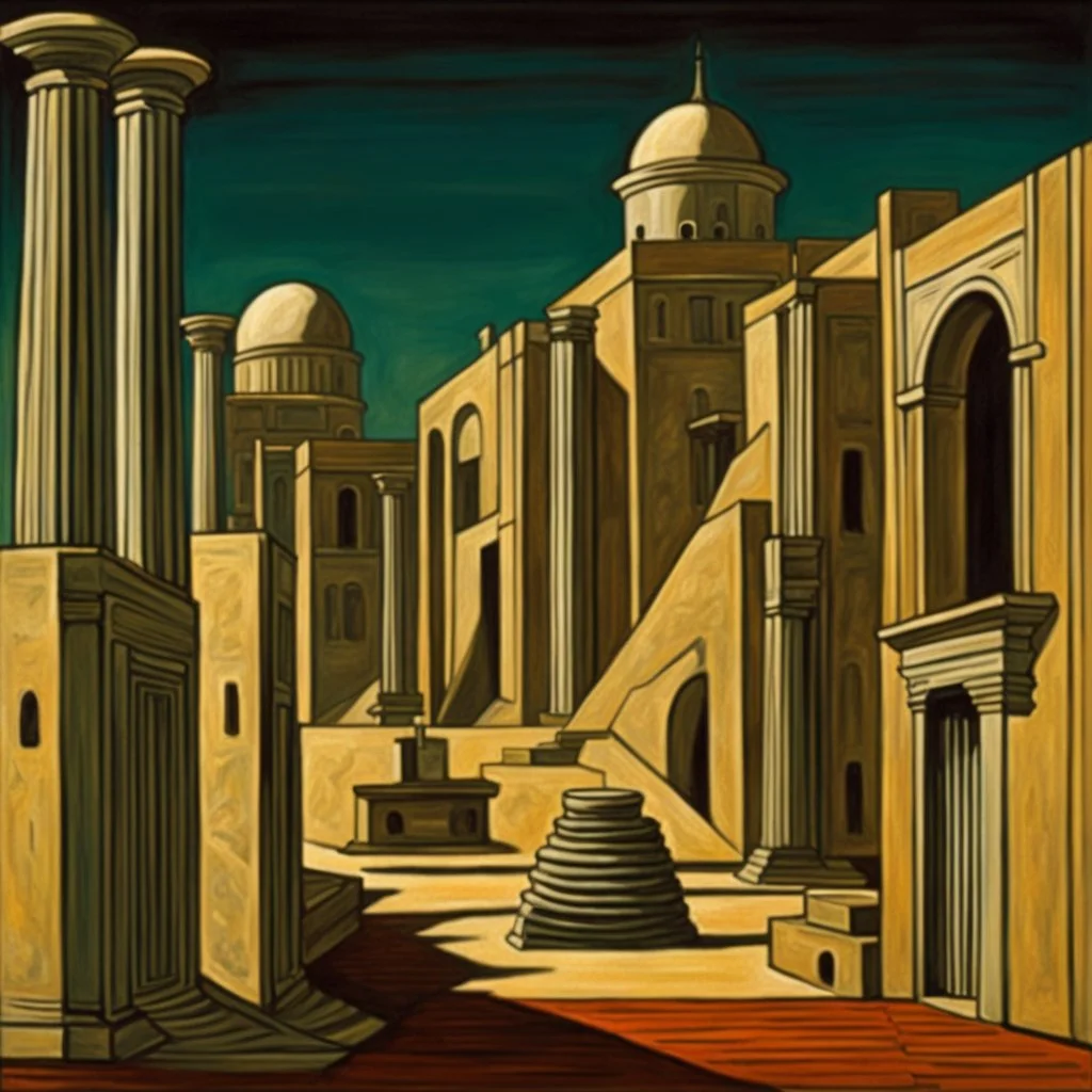 art by "Giorgio de Chirico", painting, landscape , Feigned The Palace Beyond Good and Evil, at Dawn, Illustration, Hopeless, 70s Science Fiction, Provia, overly complex style