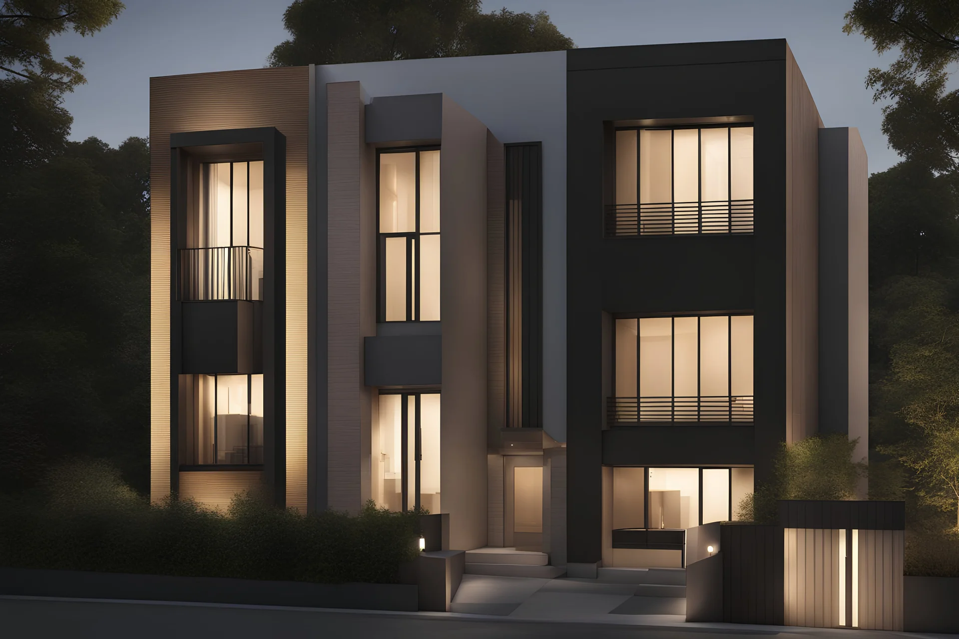 facade design, minimalist, realism lights --no duplex, two story, double layer --chaos 2 --ar 4:3 --style raw --stylize 700 --v 6