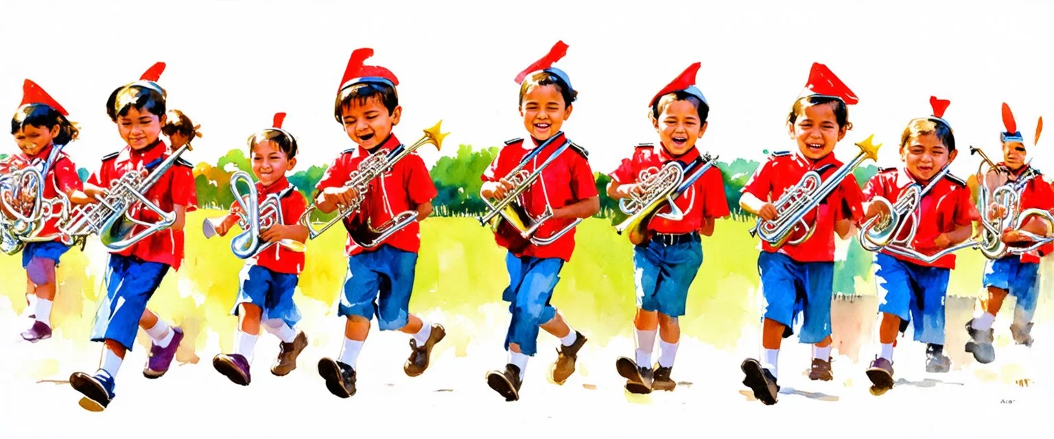 children joyfully marching in a band. Digital painting illustration