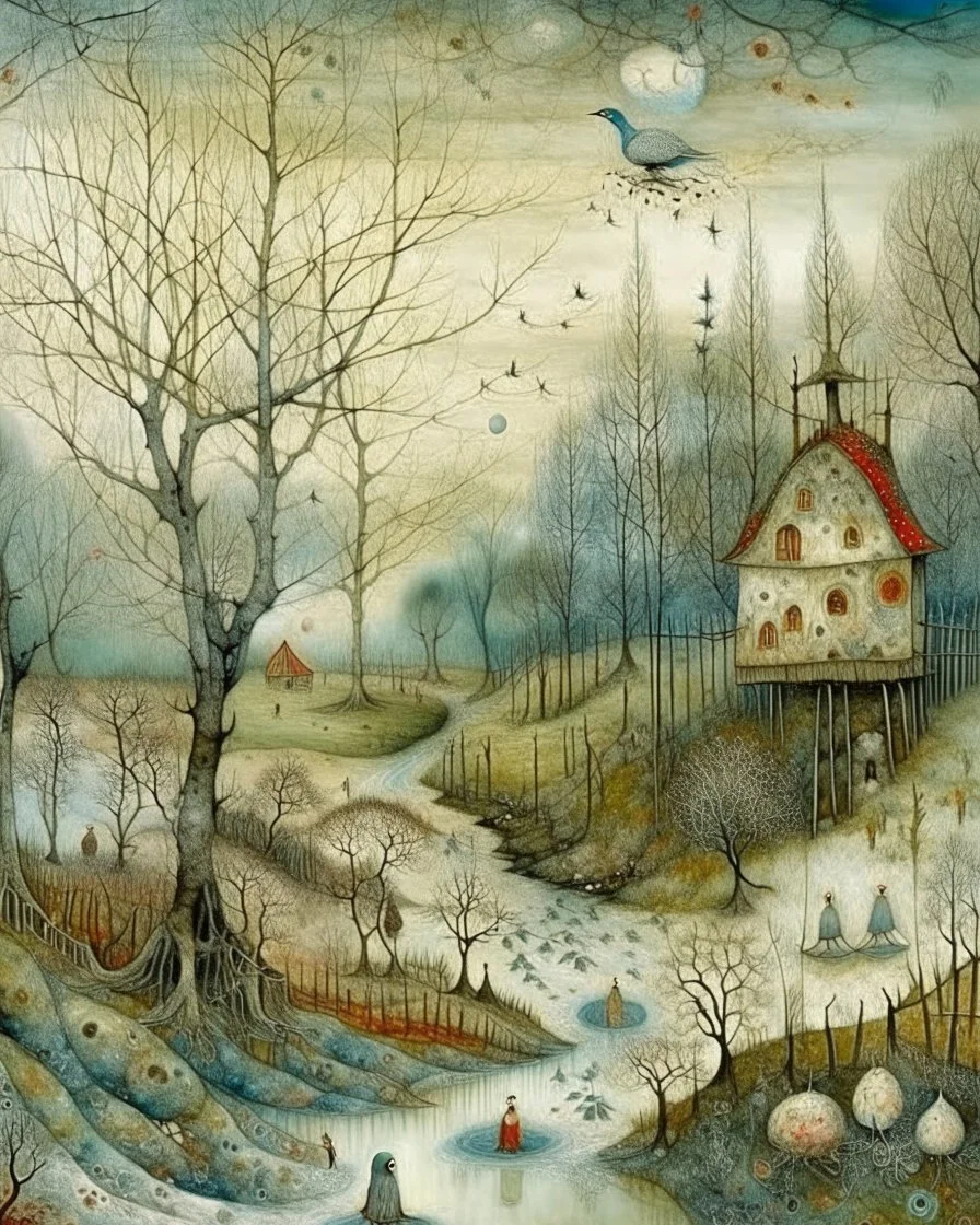 Richly textured Hieronymus Bosch, Catrin Welz-Stein, William Turner, Zdzisław Beksiński, Jacek Yerka oil on canvas zentangle line art style mix, surreal frosted fantasyland winter oceanscape, hoarfrost on trees, high grasses, snow and cottages, withered flowers, pale sunrise; paint splatter, beautiful vibrant colors, reflections, SK, flying seagulls, dramatic clouds, snowfall.