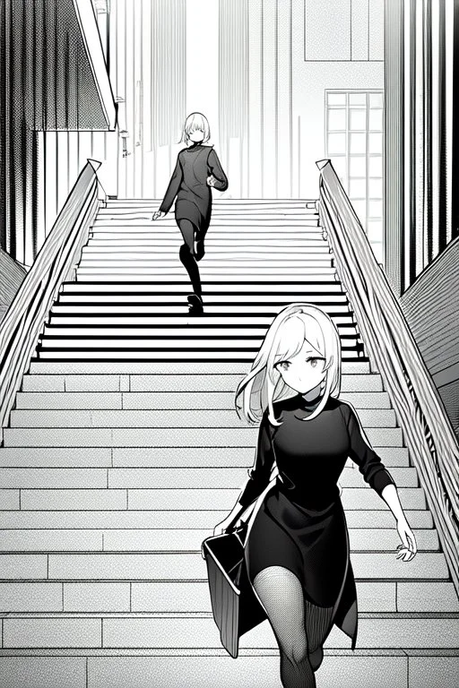 girl runs on the stairs, greyscale