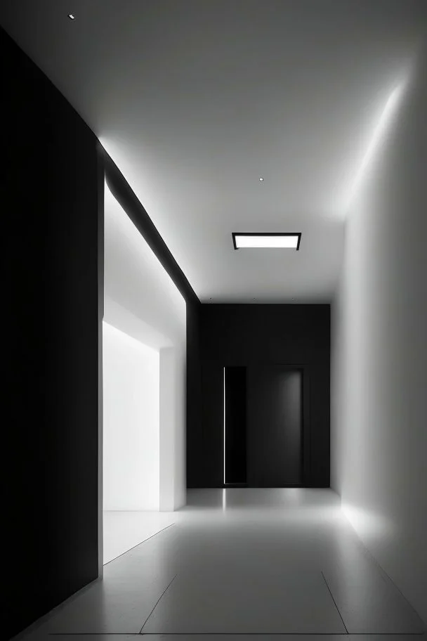 Black veined walls and a white floor with a rectangular reception and hidden lighting