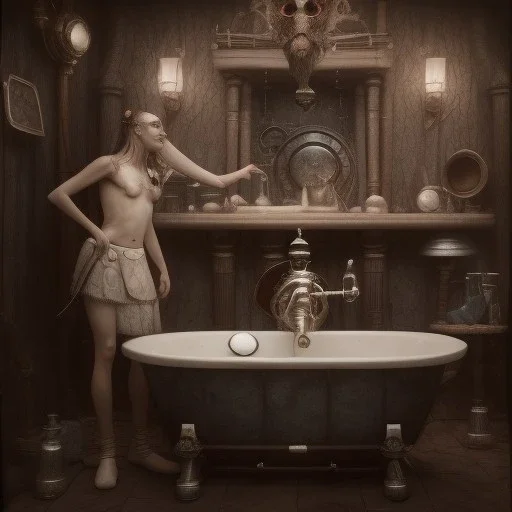 A viking and his wive having a bath, scary, steam punk, realistic, made in octane, cinematic, ultra-realistic, extremely detailed octane rendering, 8K, VRAY Super Real ar 2:3, dof photorealistic futuristic 50mm lens hard lighting dark gray tintype photograph, realistic lighting, sepia color