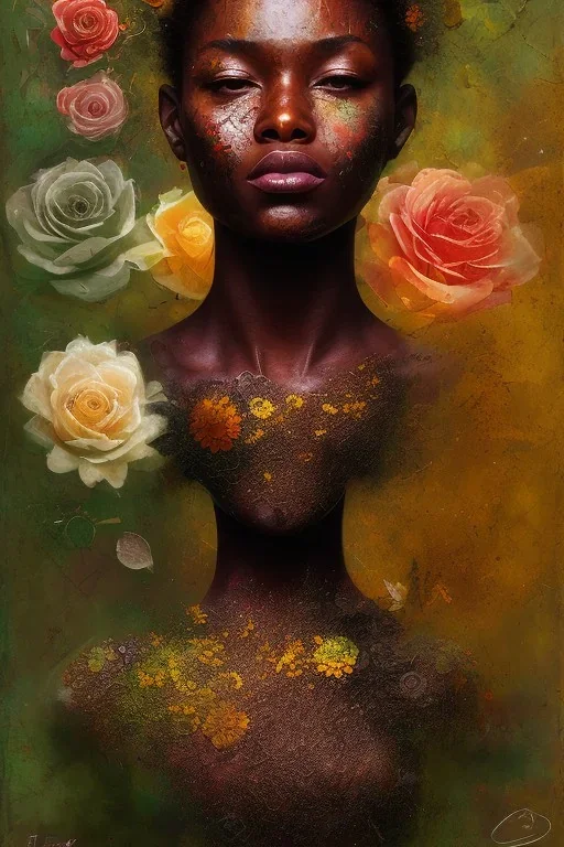 an abstract painting of rusted metal and flowers, african portrait, scaffolding, decay, mixed media, textured, anatomically correct, beautiful perfect face, sharp focus, highly detailed