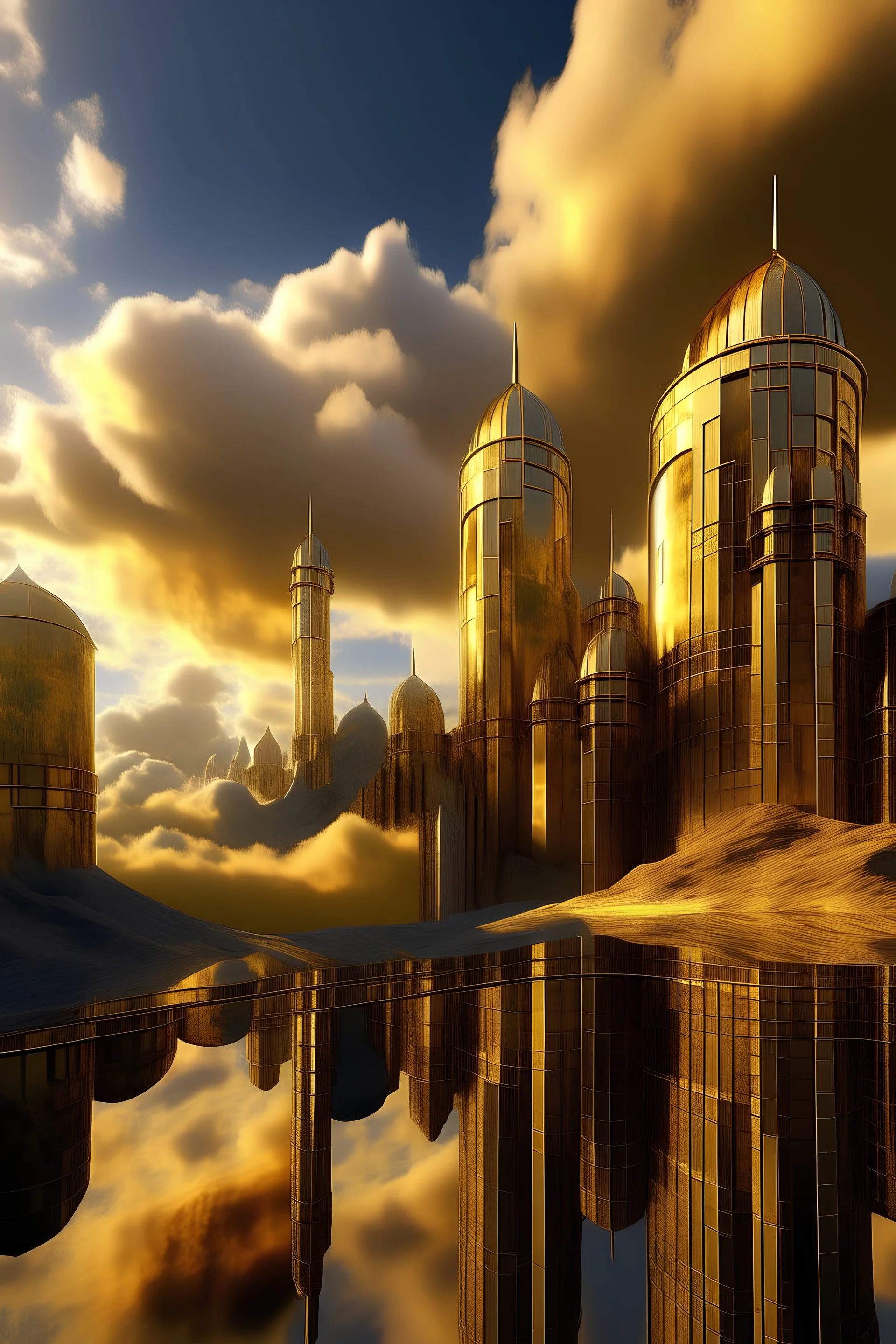 A golden glass city, castle walls with clouds above them