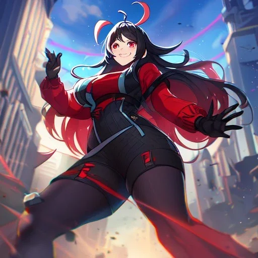 Clear focus,High resolution,High quality, Smiling,Wearing a Fortnite Inspired Outfit,Wearing black long socks, Black Long hair with a ahoge, Red eyes, Wearing black gloves