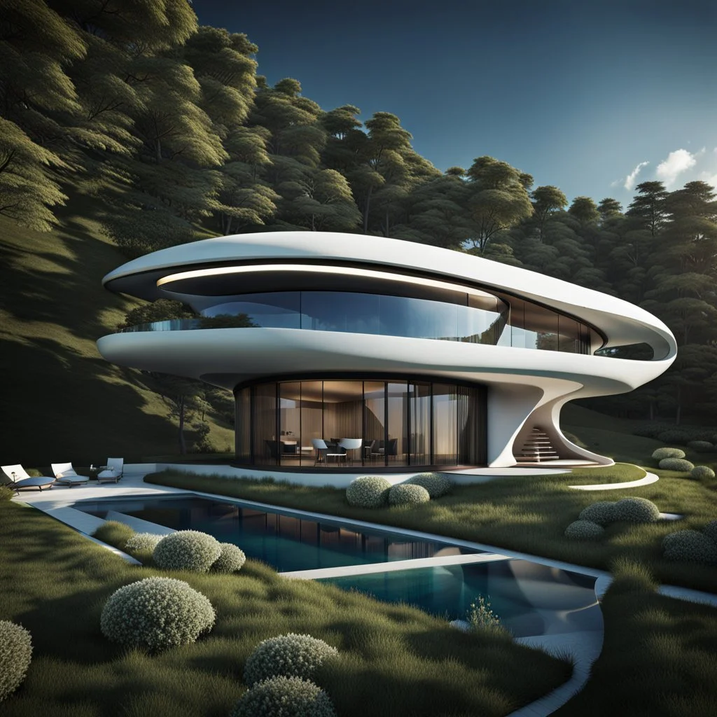 Casa campestre ecológica futurista, estilo Zaha Hadid, calidad ultra, hiperdetallada, hiperrealista, arte digital, 8k3D, vista aérea