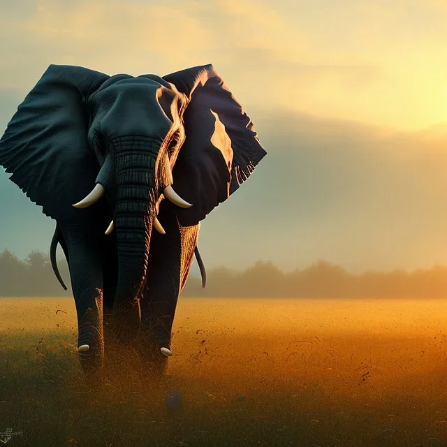 elephant standing in field of grass, trees, sunset, profile, mist, peaceful dynamic lighting hyperdetailed photorealistic detailed matte painting 8k resolution panorama diffuse light