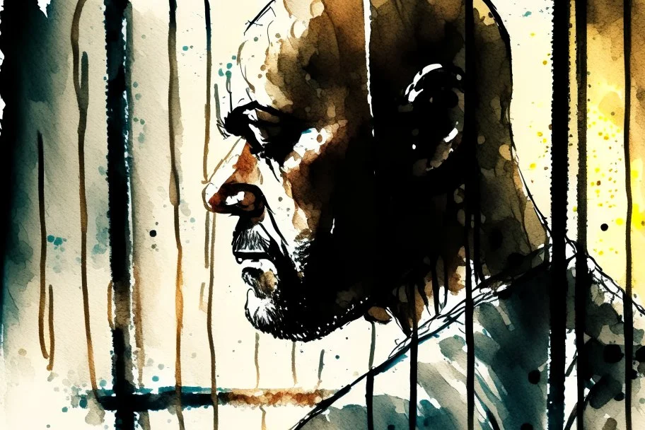 sad, bowed-headed incarcerated man behind bars with his back to us, melting watercolor and black ink outlines on wet paper, soft, shading strokes, in sunshine, ethereal, otherwordly, cinematic postprocessing, bokeh, dof