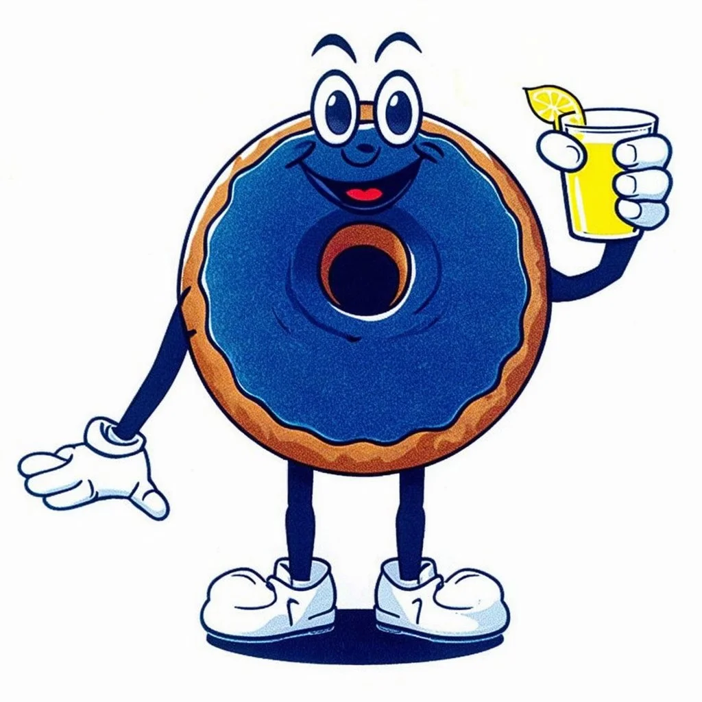 retro Cartoon mascot of a donut holding a glass of lemonade, gloved hands, white shoes,