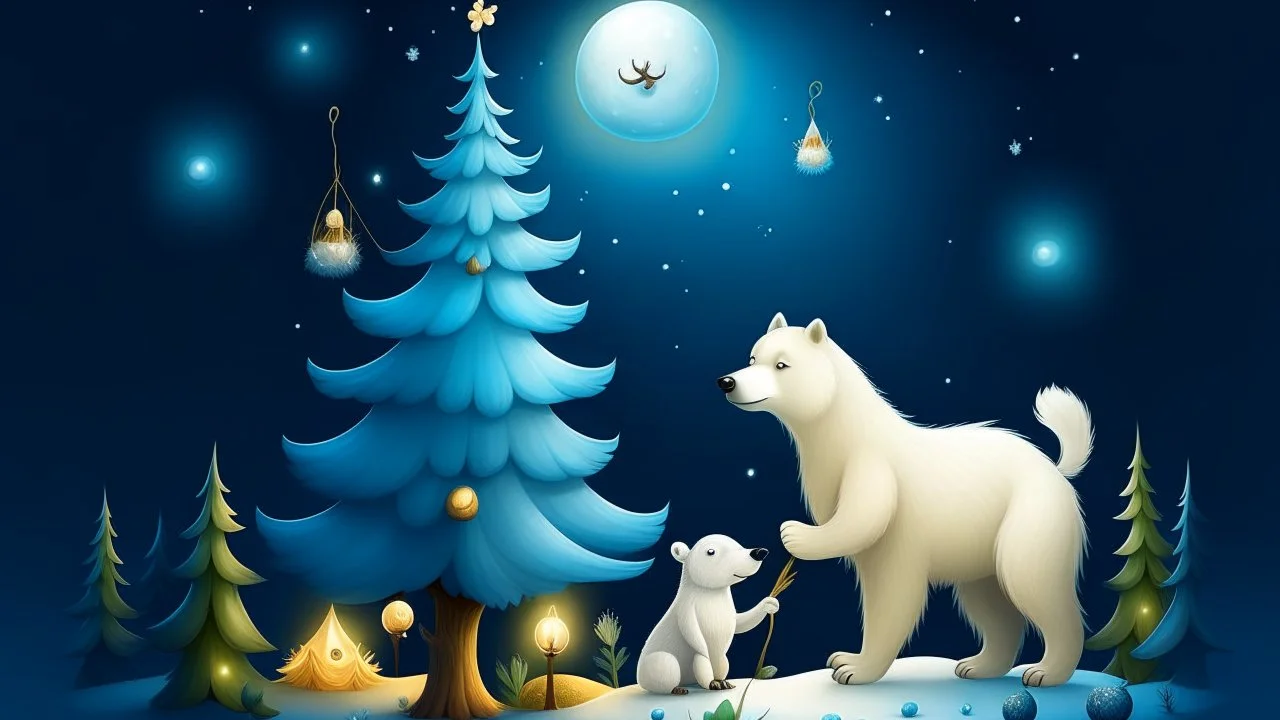 fantasy cartoon illustration: an Arctic fox, a reindeer, a polar bear, a rabbit are decorating a Christmas tree, beneath a full moon