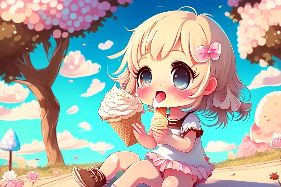 cute chibi girl eating icecream in the paradise