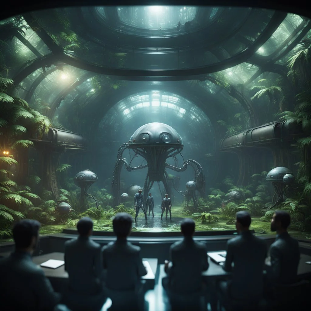 a video conference on transparent video screen with multiple sick aliens held by a scientist in dark lit reflective wet jungle metallic hall dome hotel tunnel, in the style of a fallout 4,bokeh like f/0.8, tilt-shift lens 8k, high detail, smooth render, down-light, unreal engine, prize winning