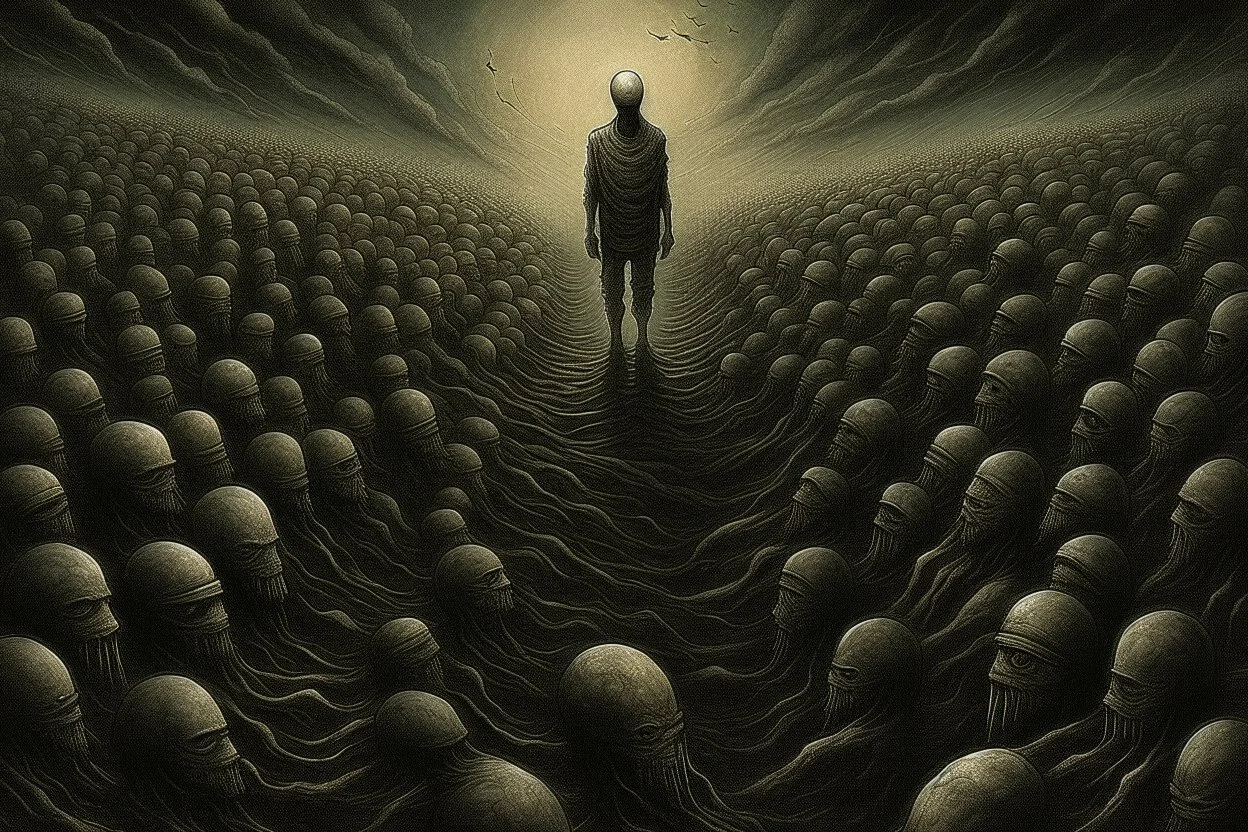 malignancy of nightmares, depicting a fear of being alone and a conveyor belt of faceless faces, trading high on the Human Misery index, Style by Zdzislaw Beksinski and Alessandro Gottardo and Phlegm, surreal horror art, nightmarish, dynamic composition, dark color burn, based on the imagery of Zdzislaw Beksinski