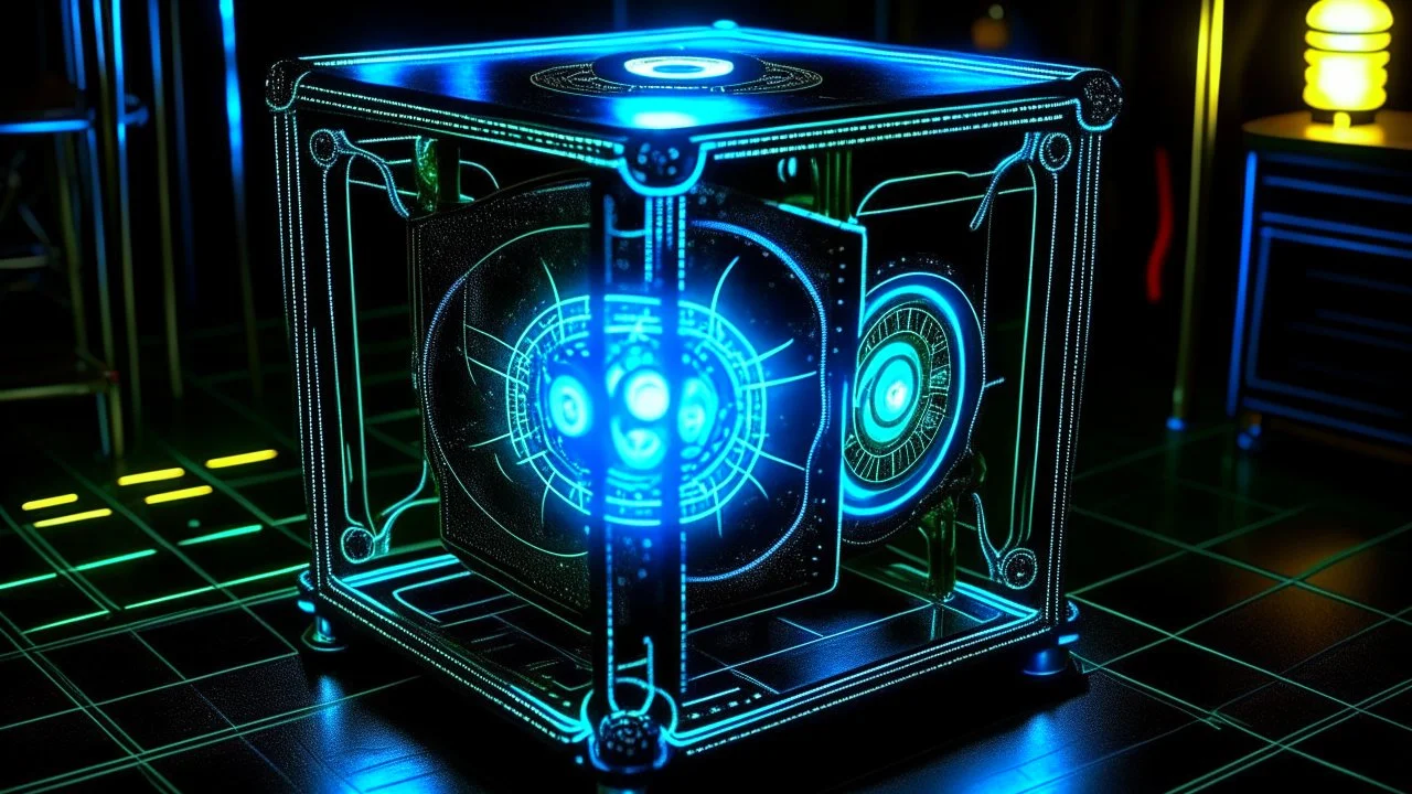 Cube tesseract from movie Loki. Located strictly in the middle of picture with navy blue/green glow inside tesseract. Without surface/table on which it stay.