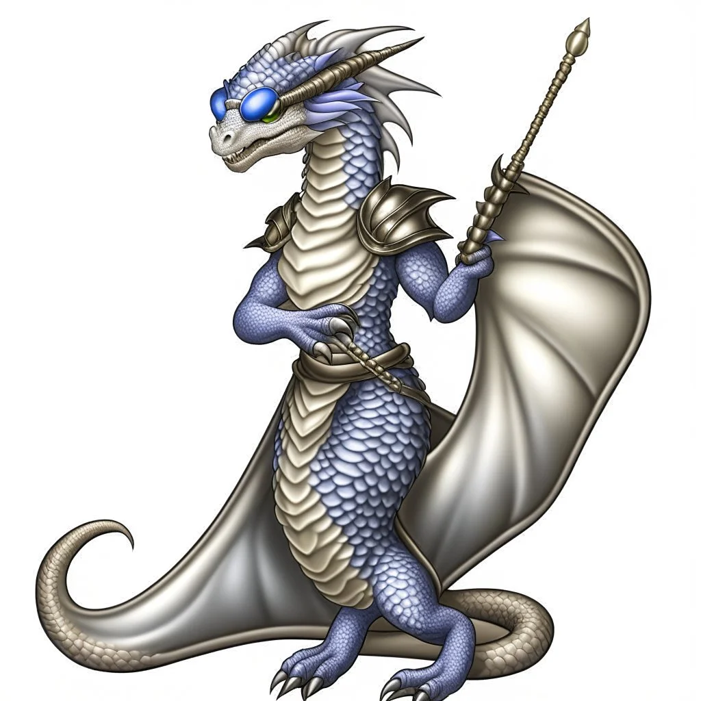 A dragonoid human with silver scales and large glasses along with a long, flexible tail