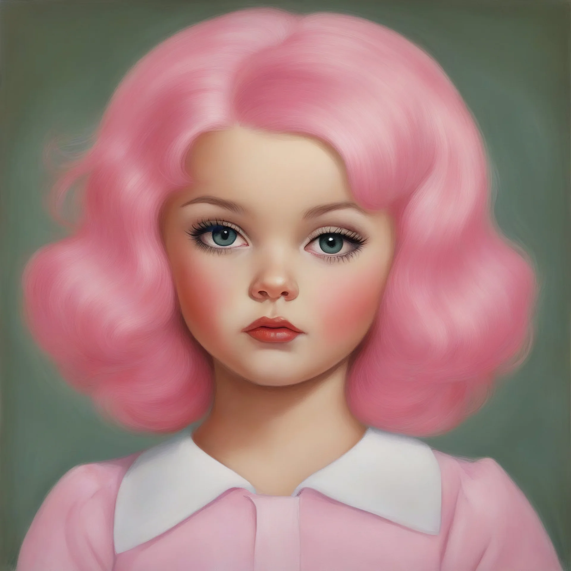 Jayne mansfield, enfant, cheveux roses, style Margaret Keane
