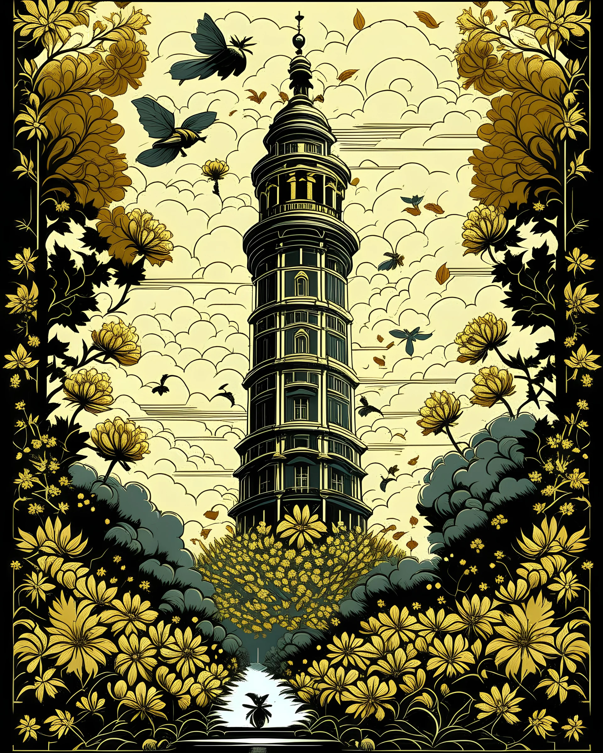 giant dark tower, with beautiful bees flying around, in shephard fairey style graphic, urrounded by golden leaves, sharp detailed graphic, garden background with blue sky and white clouds.