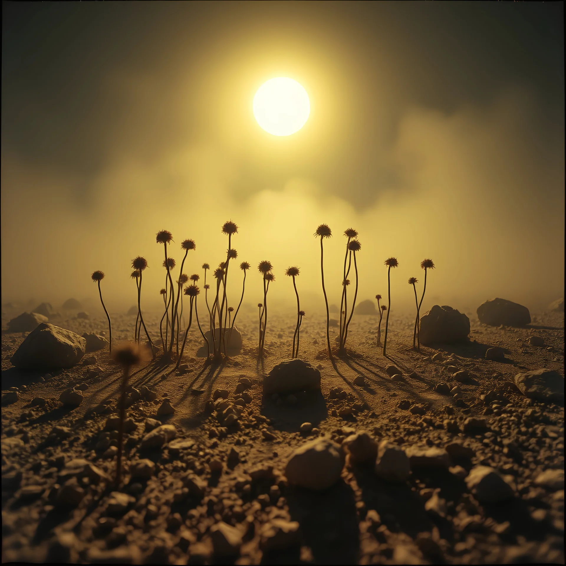 A striking quality Kodak close-up photograph captures a wasteland with groups of plants, spooky, creepy, details of the dust very accentuated, glossy, organic, adorned with minerals and rocks, fog. Bathed in intense light, eerie, Max Ernst style, black sun, fog