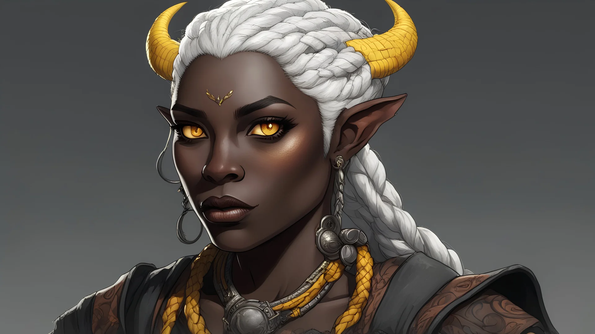 Ash is a 37 year old female tiefling fisherwoman. She has cropped, braided, white hair and yellow cat-like eyes. She has dark, black skin. She has two small, black horns on each side of her head that protrude vertically. She has a lean build. She has an edgy face.