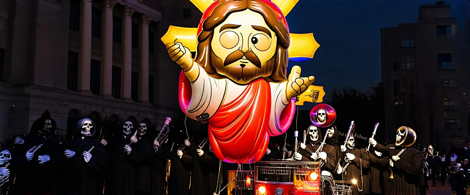 200 ft tall floating cartoonish jesus parade balloon pulled by multiple grim reapers, multi colored, bright, vivid, psychedelic, high detailed, high gloss, insanely detailed, matte, horrorcore and the grim reaper university marching band