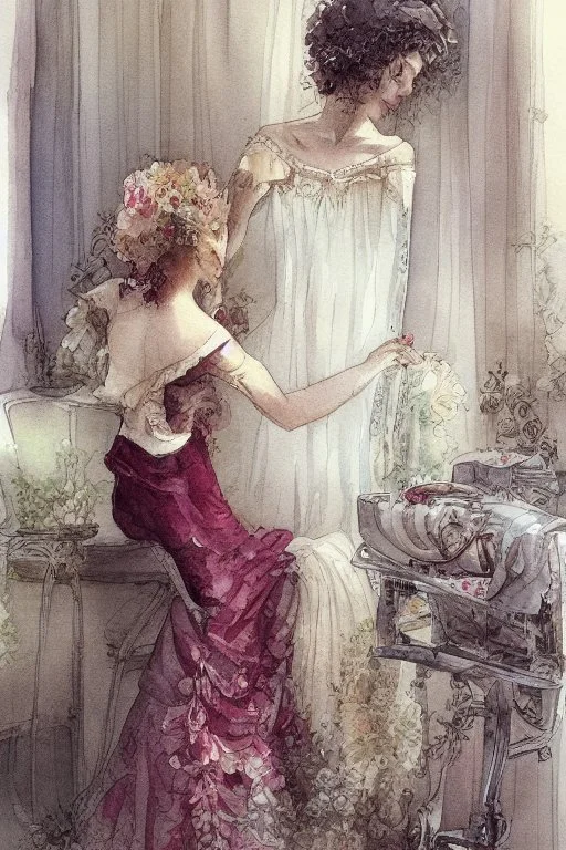 beautiful woman in romantic floral dress is ironing in a luxurious room by Jean-Baptiste Monge, watercolor and ink