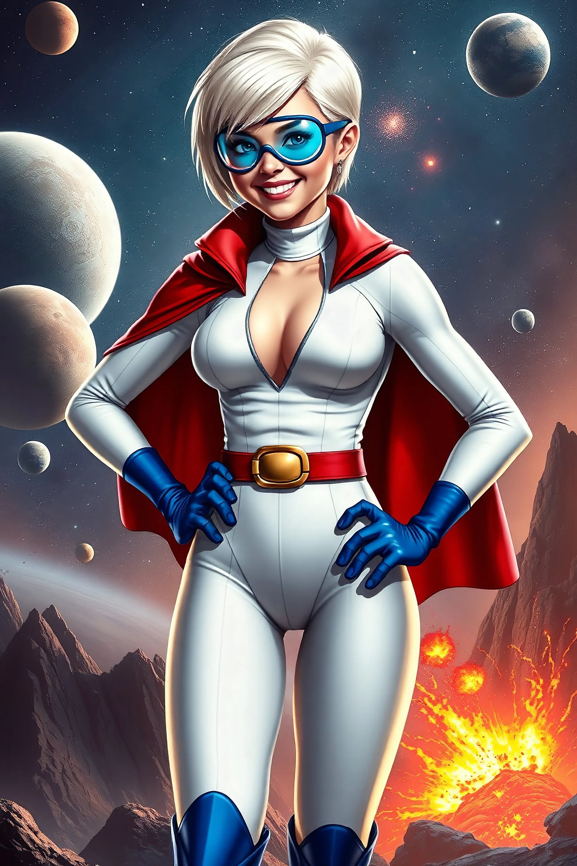 Karen Starr, full body, young athletic white female, crew cut Platinum bleach-blonde hair, thin, wearing thin blue goggle, semi-pointed chin, muscular build, Wearing white long-sleeved bodysuit with high collar with plunging neckline, blue elbow gloves, red belt with gold buckle, red cape, blue knee boots. Big smile. Background: outer space, planets, stars, galaxies, fire, explosions, volcanic lava, craggy peaks. Photorealistic