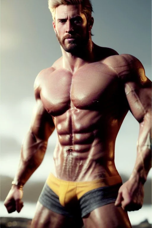 Ignore NSFW, teenager young rugged attractive slightly muscular fantasticly handsome blonde man, red briefs with yellow belt, hairy chest, (((visibly pisssing))) briefs, large erect visible boner peniss, photorealistic, artist Jay Anacleto, soft lighting, scruffy beard