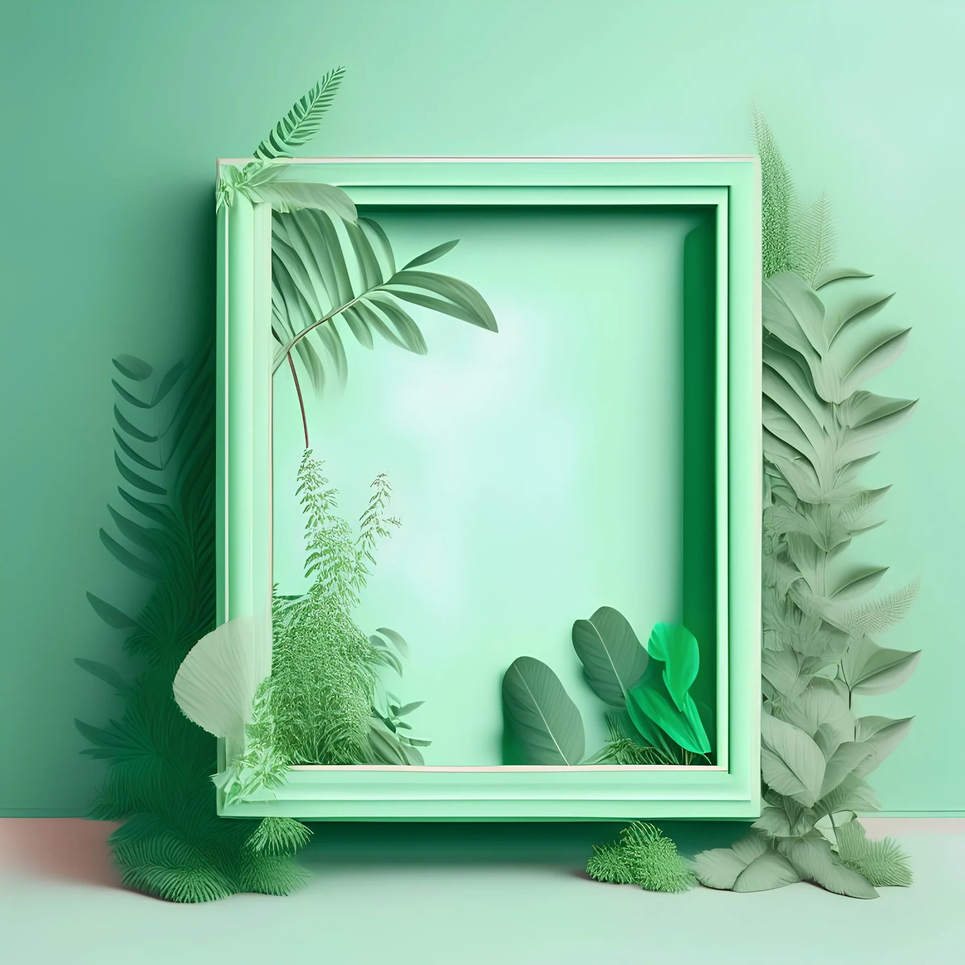 green pastel background with frame and plants on the sides