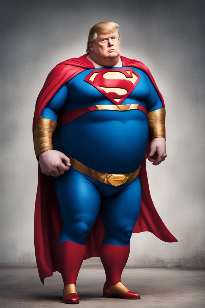 morbidly obese superman with donald trump's head and his fat rolls hanging out