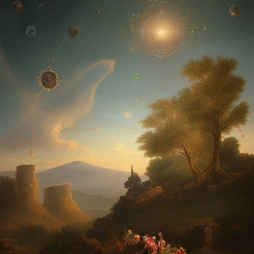 Naples landscape with a east asian cherry tree in front of a Vesuvius, stars colliding in the background.1800 style