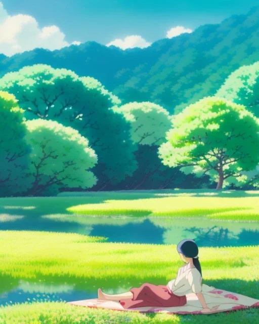 Cosy zen garden during summer, stunningly beautiful girl laying down on the grass staring at the blue sky, anime style