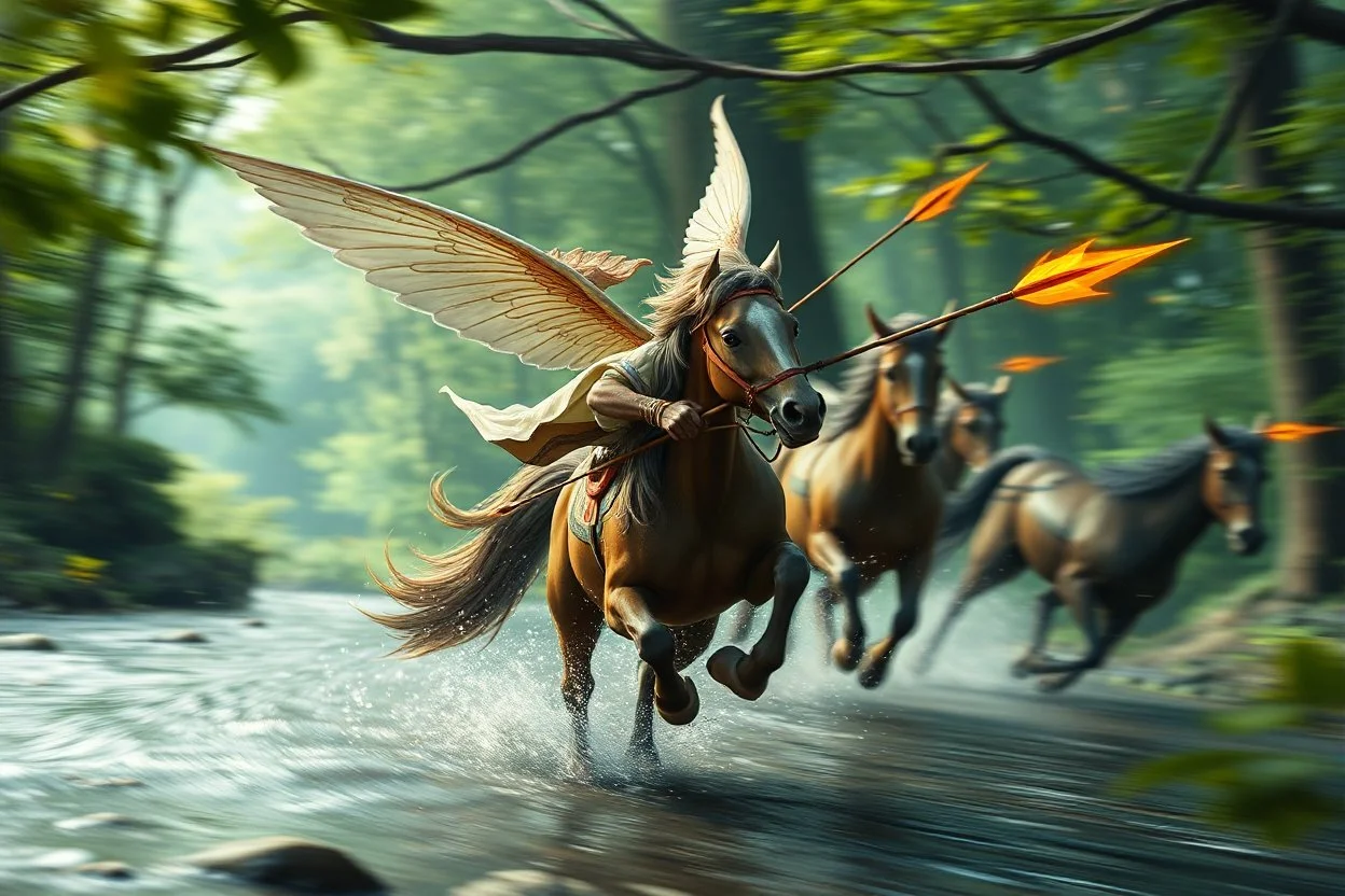 oil painting ,motion blur running caped long haired male angel pixie Quickling - Forgotten Realms dodging magical fire arrows above water and along winding branches in lush green forest holding arms around neck of speeding horses , bokeh like f/0.8, tilt-shift lens 8k, high detail, smooth render, down-light, unreal engine, prize winning