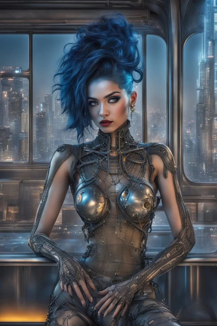 A beautyful transparent glass body biomechanical woman with black-blue hair, sitting in the cyberpunk rooftop bar in futuristic city, intricate details, HDR, beautifully shot, hyperrealistic, sharp focus, 64 megapixels, perfect composition, high contrast, cinematic