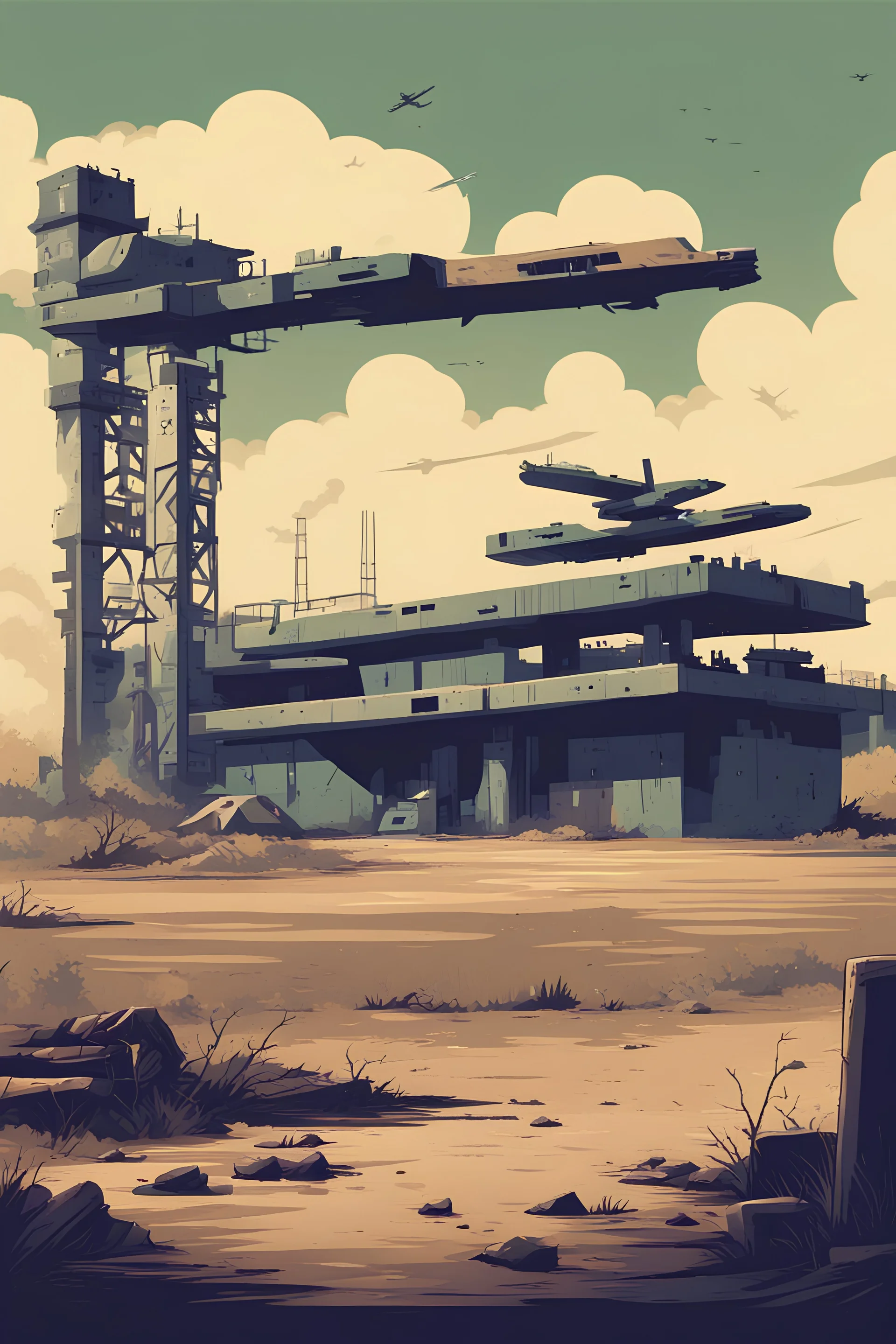 abandoned military base,retro 2D game, commercial poster,1970 style