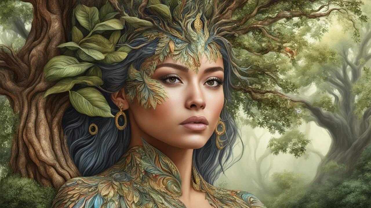 woman and tree mixed into one beautiful creature, intricate details, masterpiece, 3d, 64k, high resolution, high detail, computer graphics, hyperrealism, f/16, 1/300s. digital painting