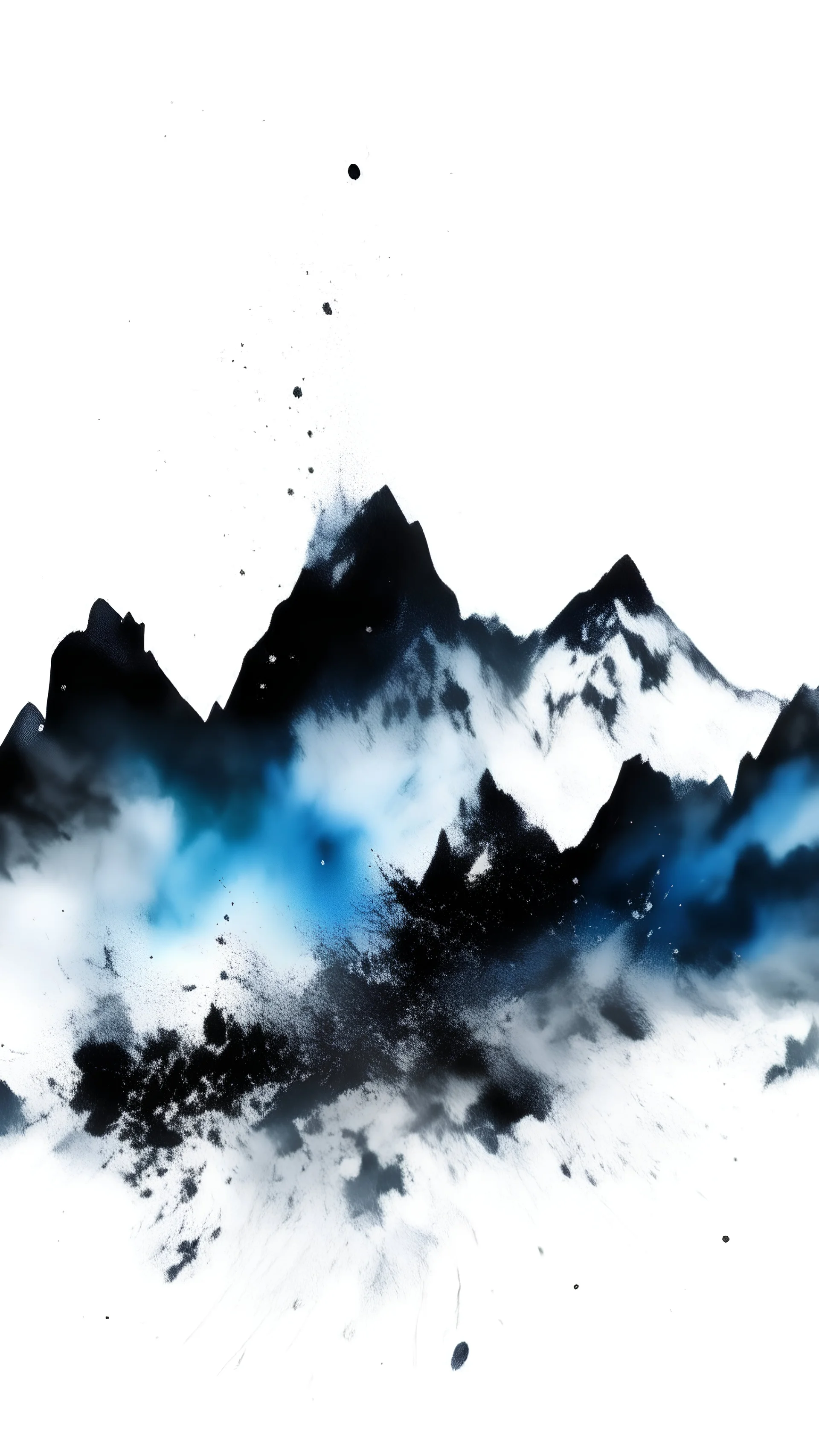 Ink splatter art, Mountains, photogram, white wash, high key lighting, high contrast