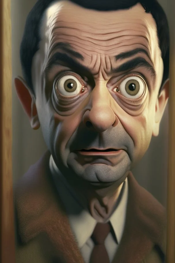 photorealistic, mr bean as jack in "shining", trending art, 8k, depth of field, volumetric fog