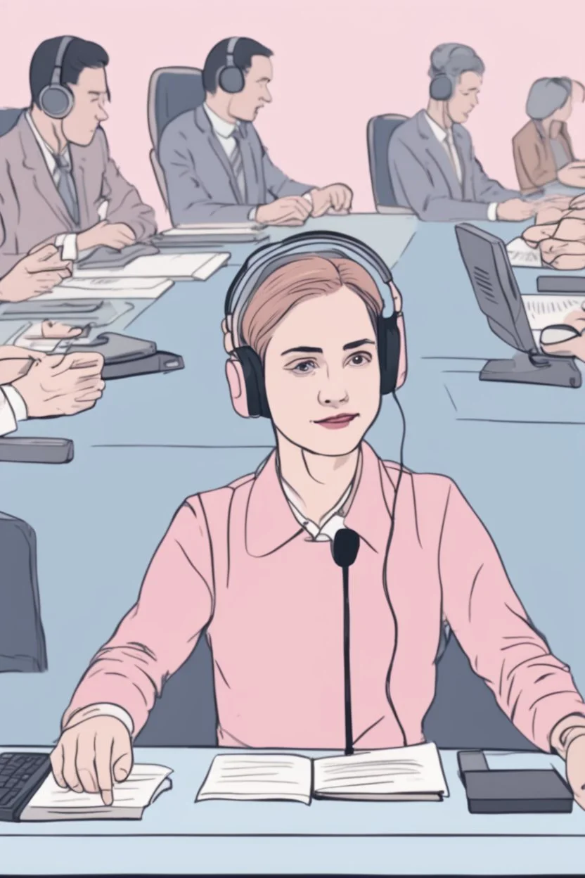 The simultaneous interpreter is sitting at a table with headphones with a microphone at a foreign briefing, the background is blurred, everything is in pastel colors, the hands are drawn with precision.