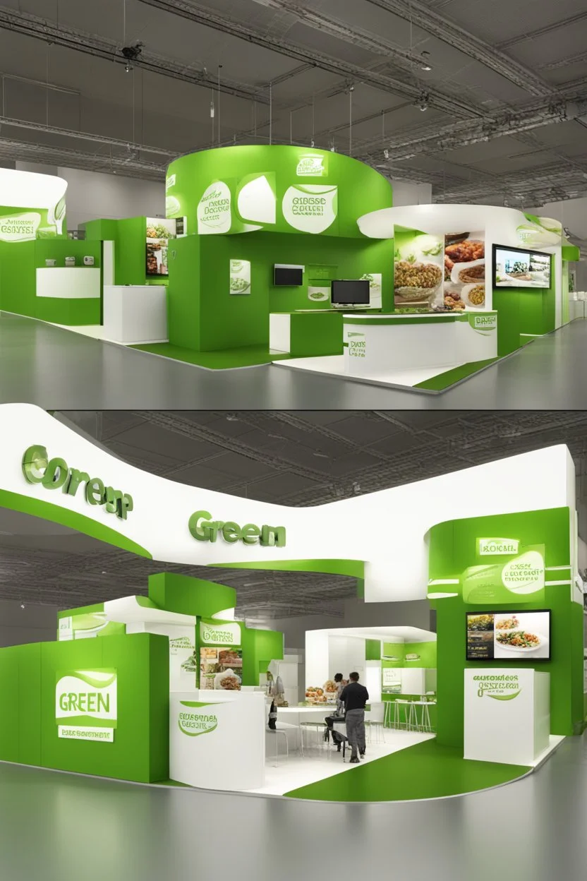 Corner green exhibition stand of a food company with product displays and a meeting area