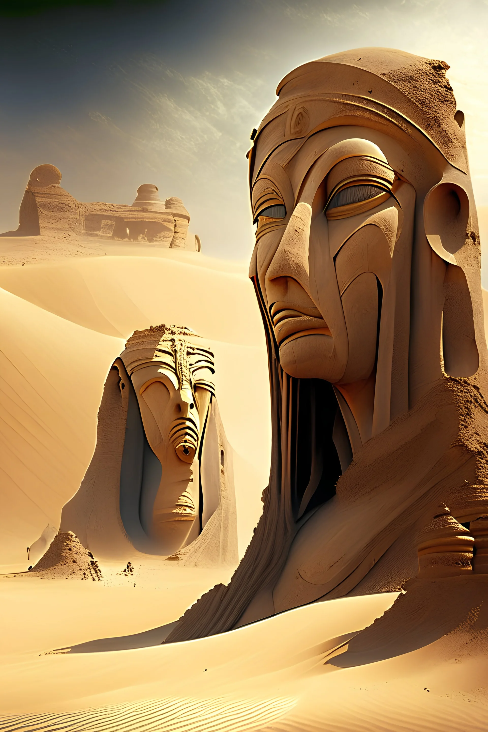 An awe-inspiring landscape of a vast desert, where colossal, ancient statues emerge from the sand, their faces weathered by time, yet still bearing the marks of a long-lost civilization.