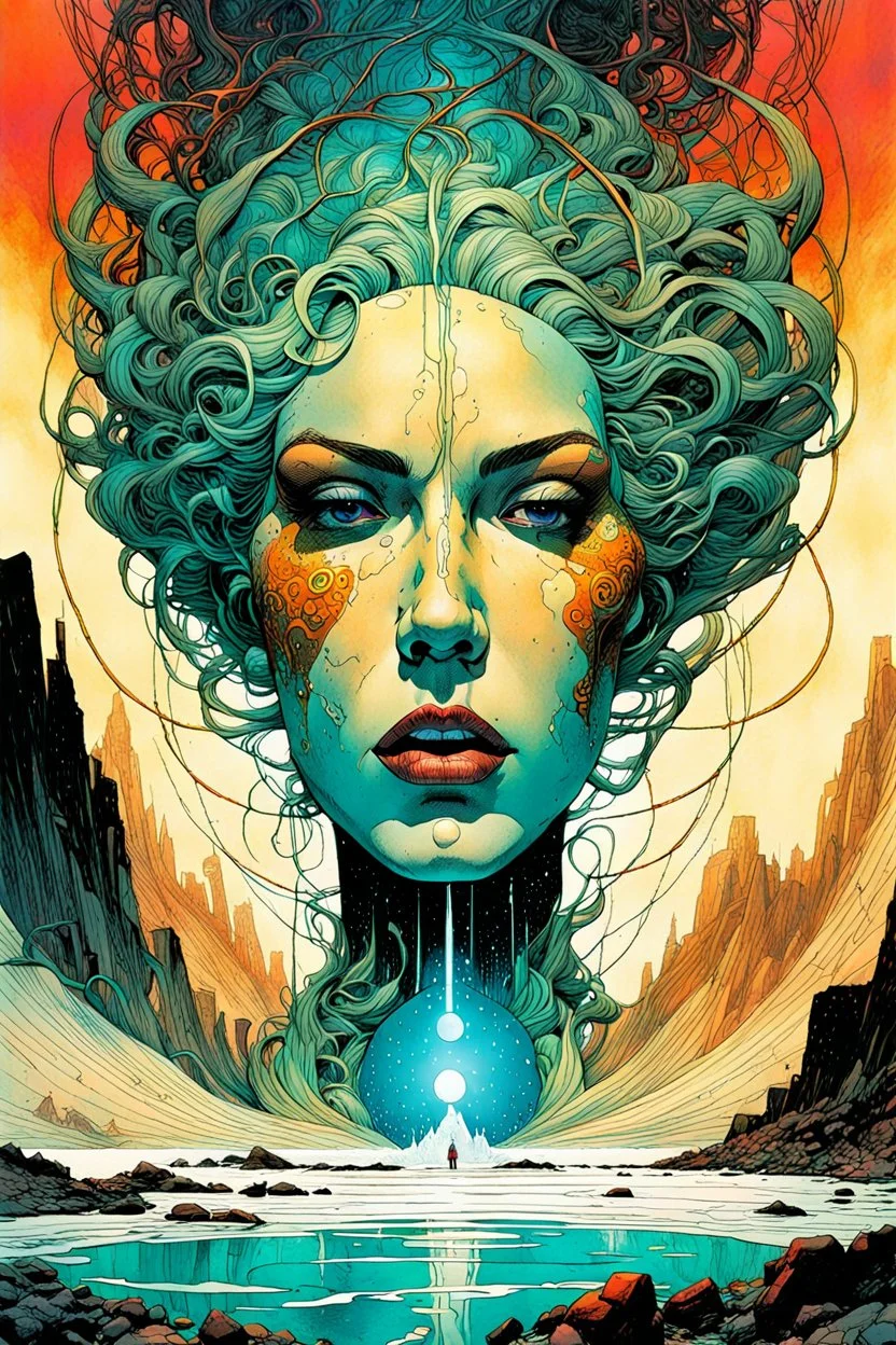 create a highly ethereal, darkly magical surrealist illustration of Lamae Bal, with highly detailed and deeply cut facial features, in the chaotic, turbulent, otherworldly landscape of Coldharbour in the comic art style of BILL SIENKIEWICZ and JEAN GIRAUD MOEBIUS, searing lines and forceful strokes, precisely drawn, inked, and darkly colored