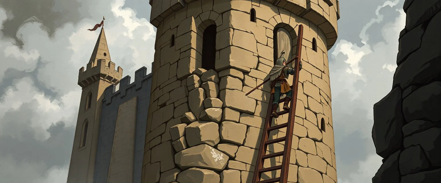 d&d illustration, Stigen opp i borgen virker stabil, men skjelver. Neste steg?x "Forsterk med en pinne", Ogren godkjenner improvisasjonen din. hero in ladder