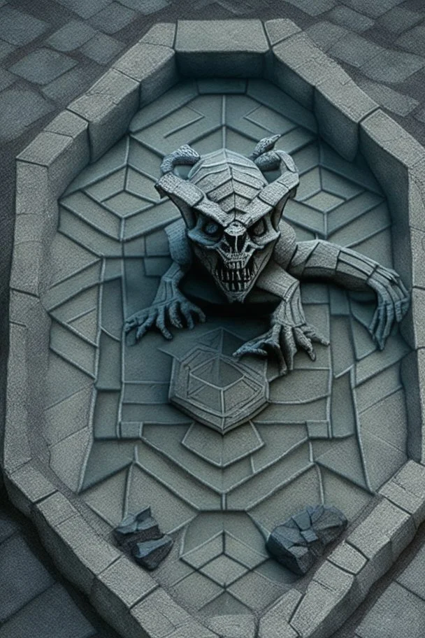 hexagon stone labyrinth featuring gargoyle skeleton