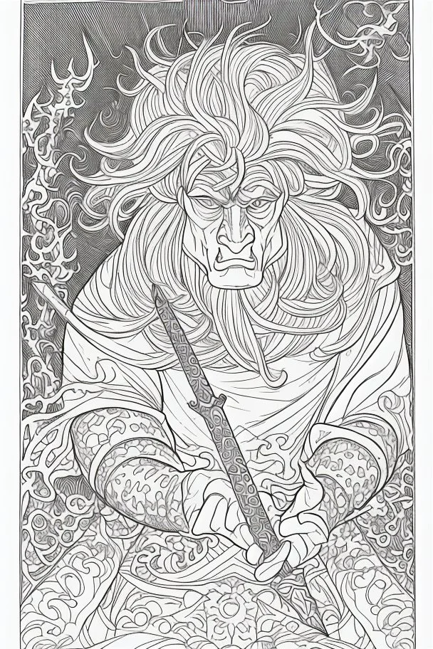 coloring book page of a gigantic troll holding a sword